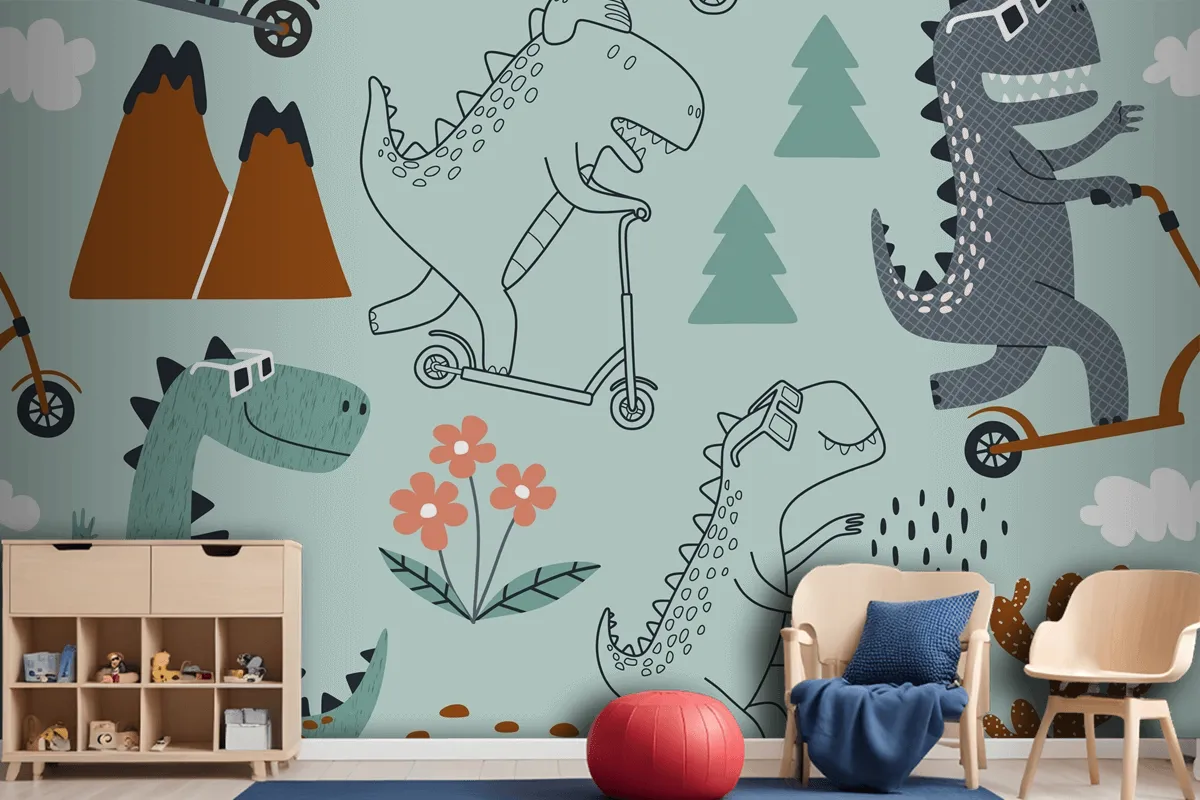 Cute Dinosaur Rides A Scooter Wallpaper Mural