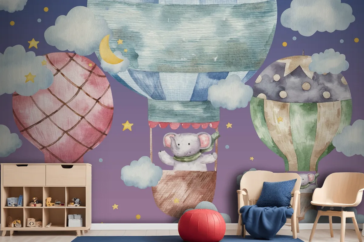 Cute Elephant Flies On Colored Balloons Wallpaper Mural