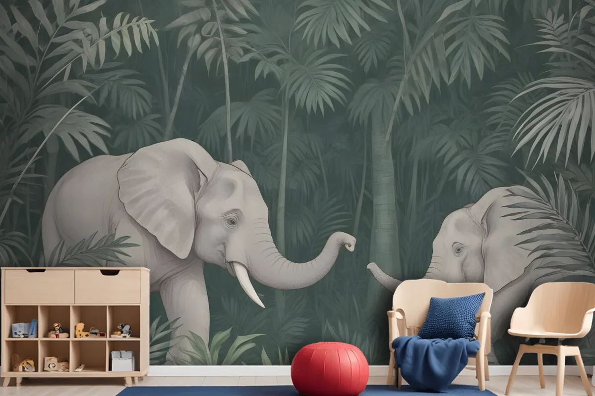 Cute Elephants On The Tropical Jungle Kids Wallpaper Mural