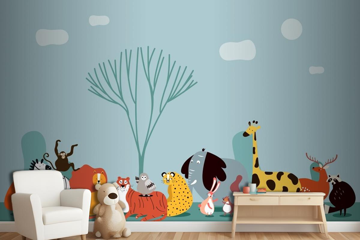 Cute Group Of Wild Animals Wallpaper Mural