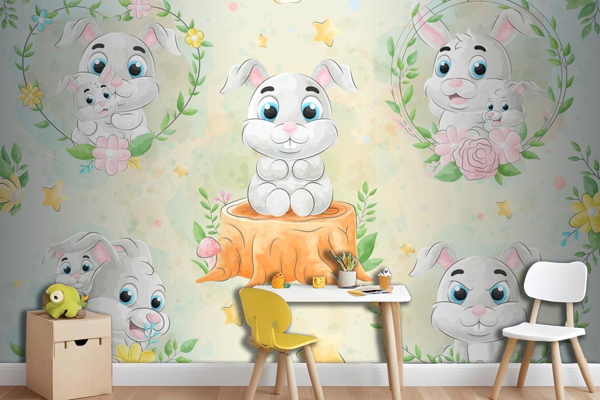 Cute Little Rabbit With Watercolor Wallpaper Mural