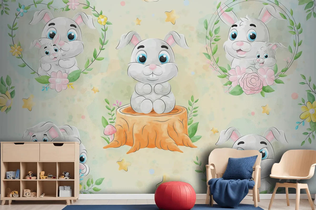 Cute Little Rabbit With Watercolor Wallpaper Mural