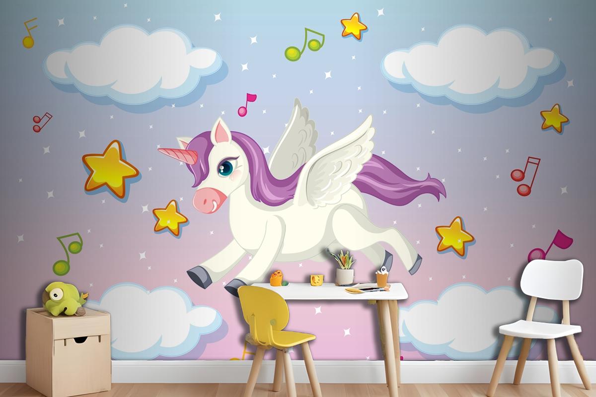 Cute Pegasus With Purple Mane Flying In The Pastel Sky Wallpaper Mural