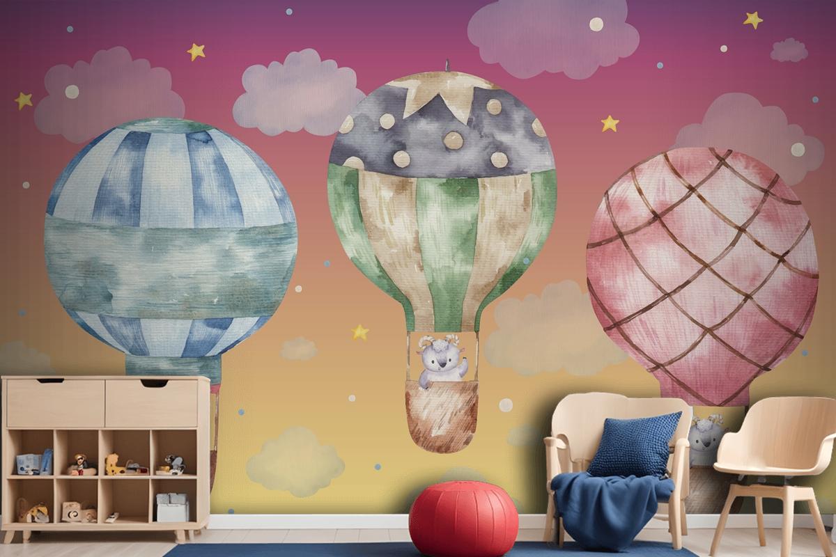 Cute Ram Flying On Colored Balloons Wallpaper Mural