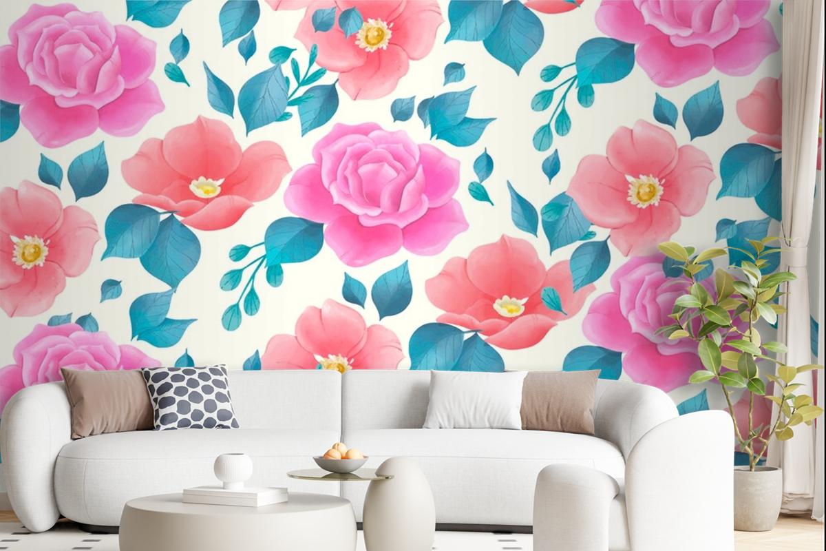 Cute Watercolor Floral Pattern With Rose Flowers Wallpaper Mural