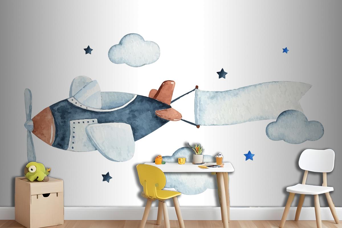 Cute Watercolor Sky Scene With Air Plane Clouds And Stars Wallpaper Mural