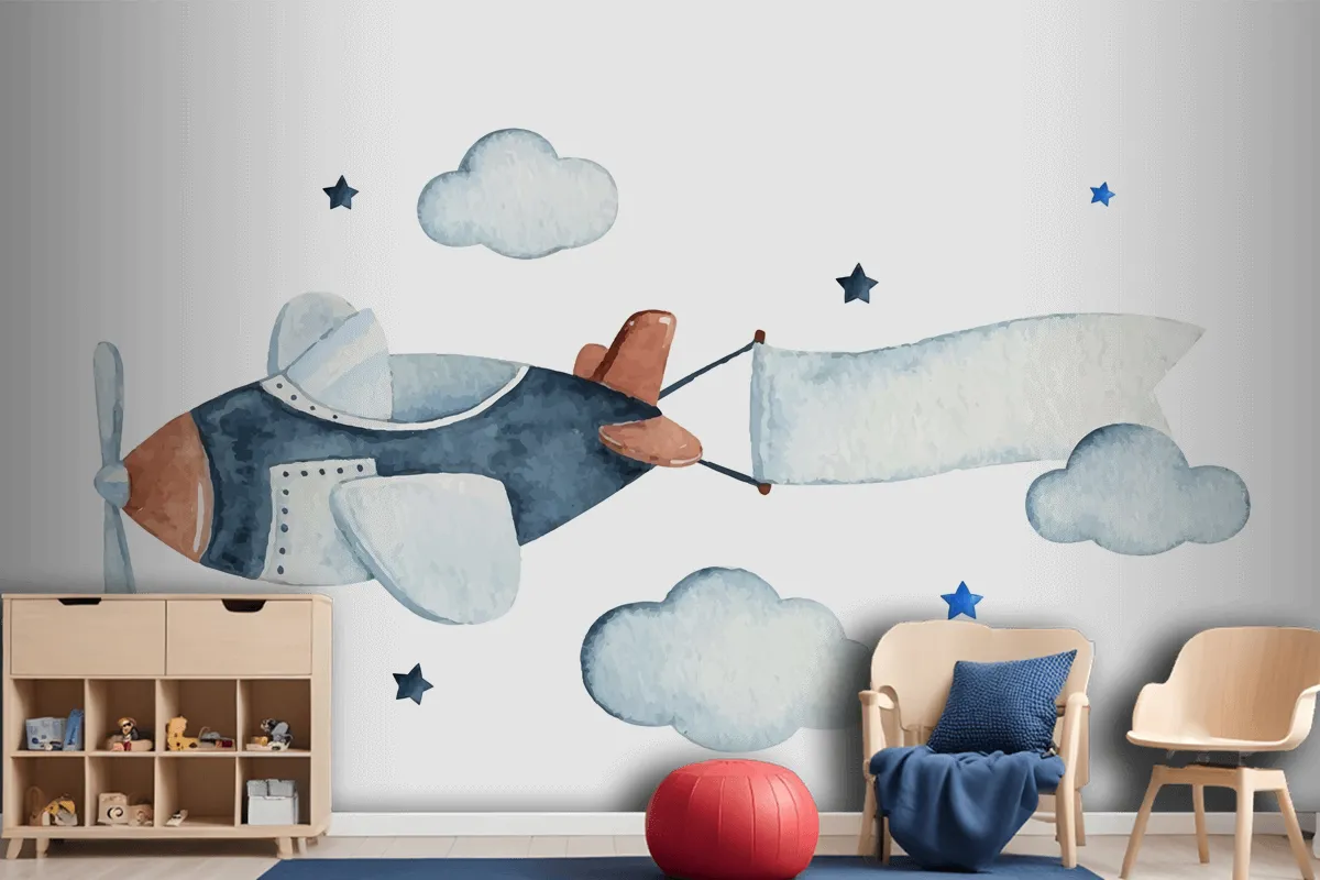 Cute Watercolor Sky Scene With Air Plane Clouds And Stars Wallpaper Mural