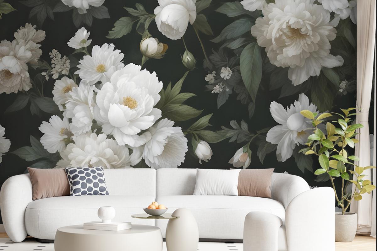 Dark Floral And White Peony Blossoms Wallpaper Mural