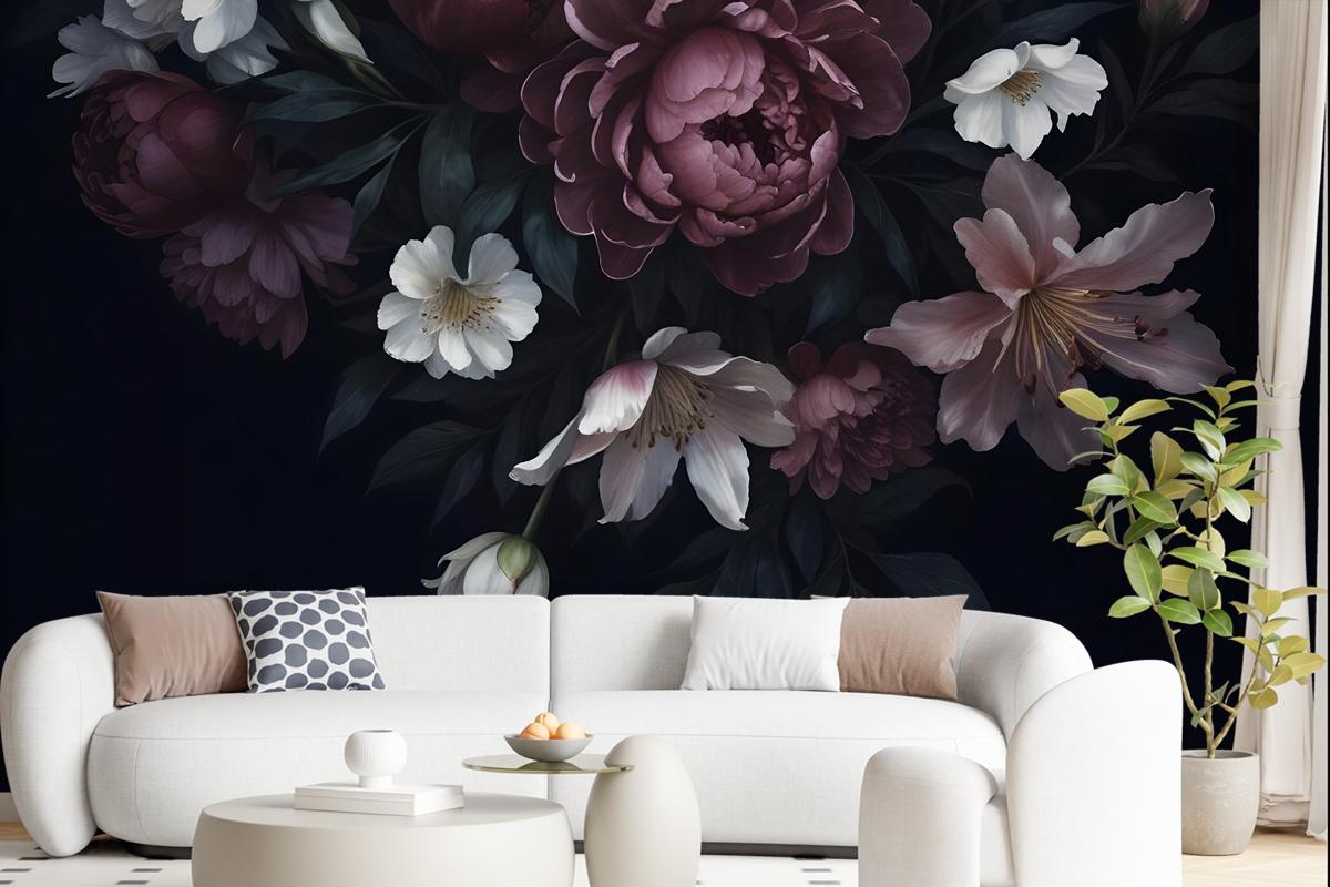 Dark Floral Claret Peony Floral Wallpaper Mural