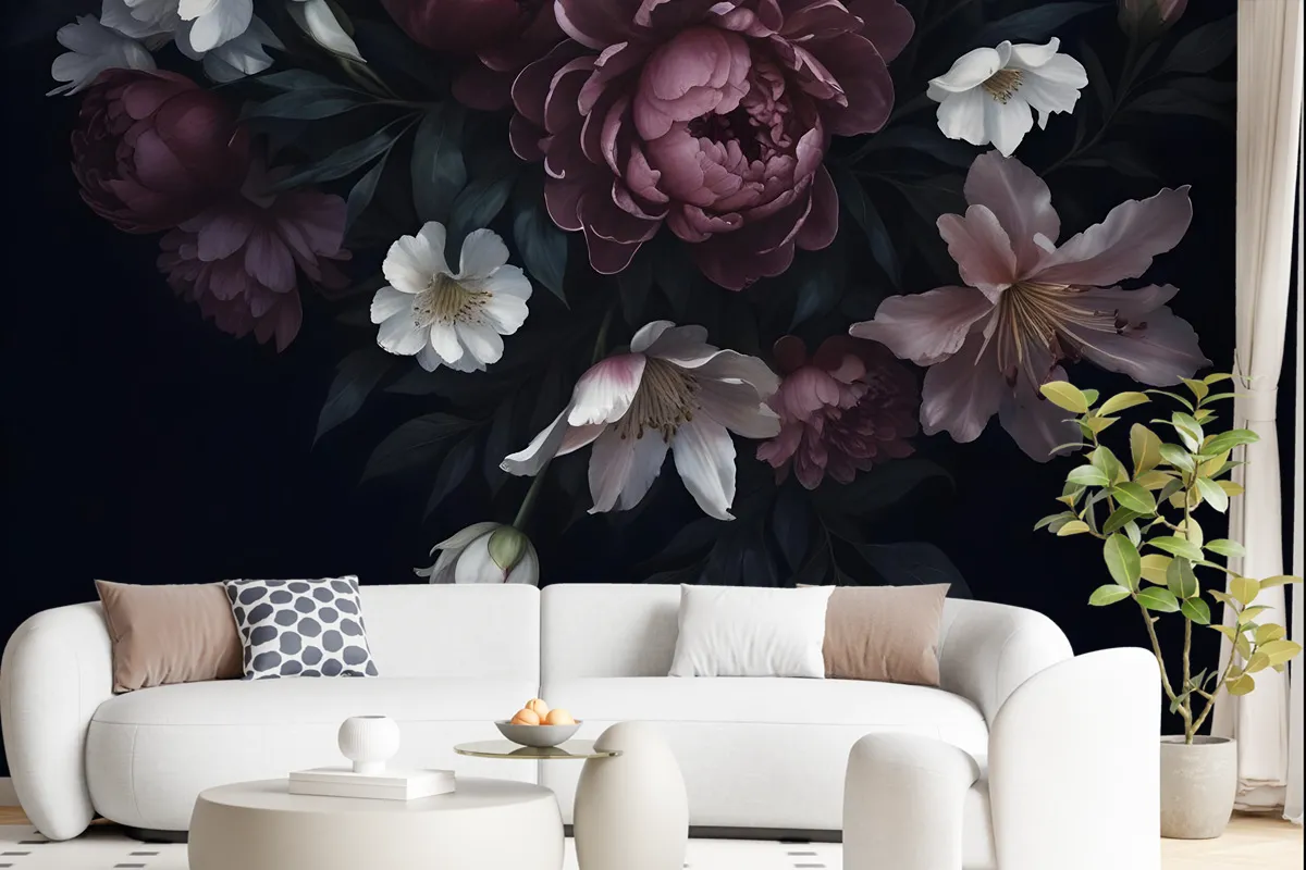 Dark Floral Claret Peony Floral Wallpaper Mural