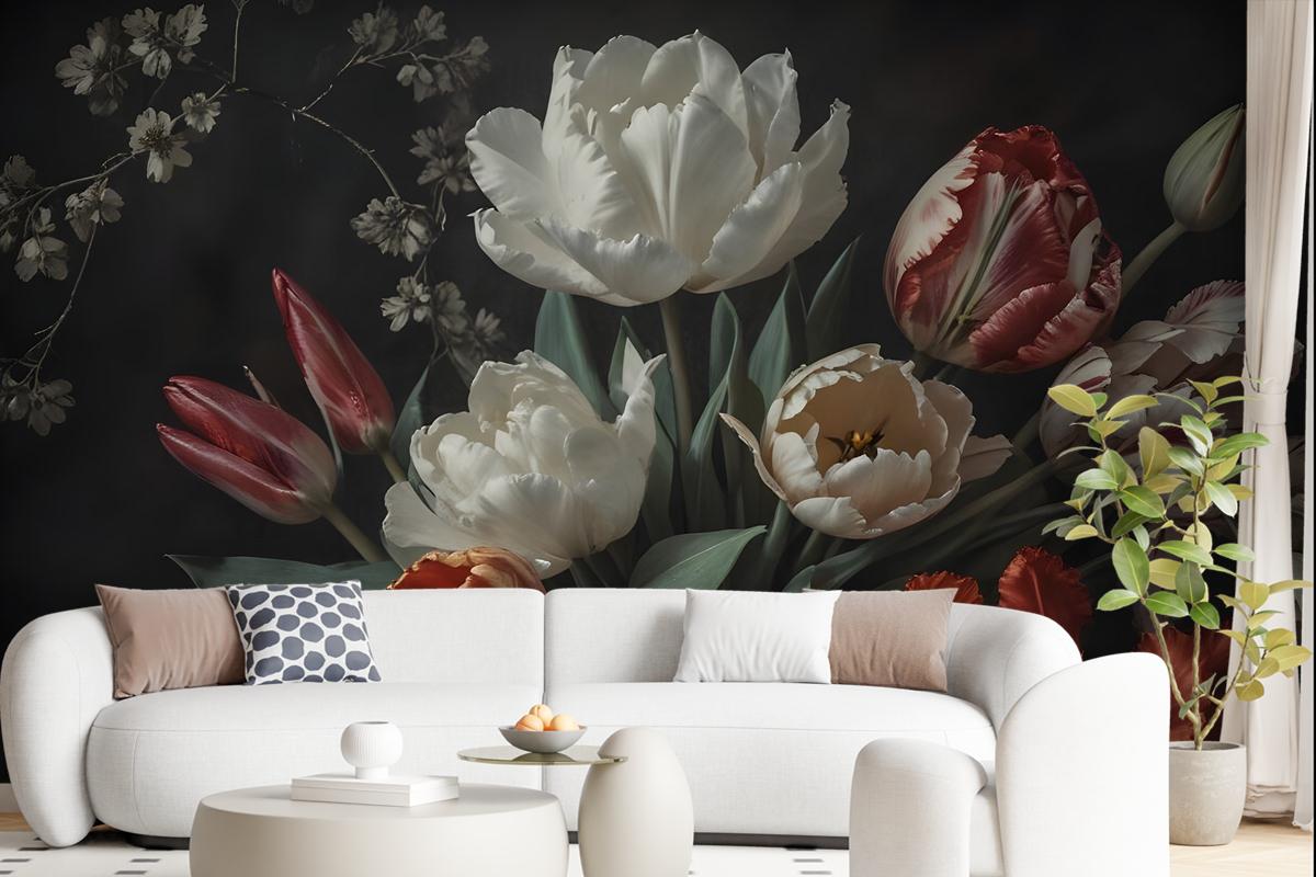 Dark Floral Dutch Bouquet With Tulips Wallpaper Mural