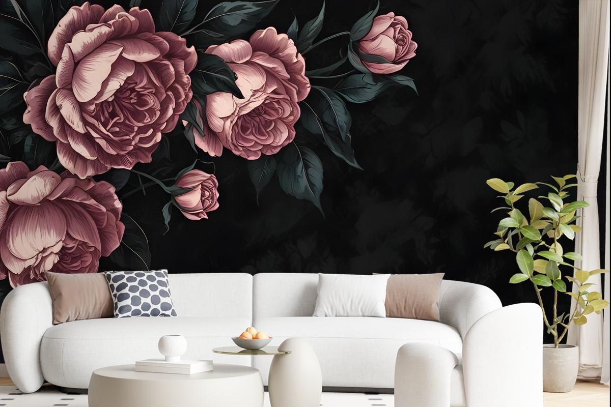 Dark Floral Peony Flower Drawing Wallpaper Mural