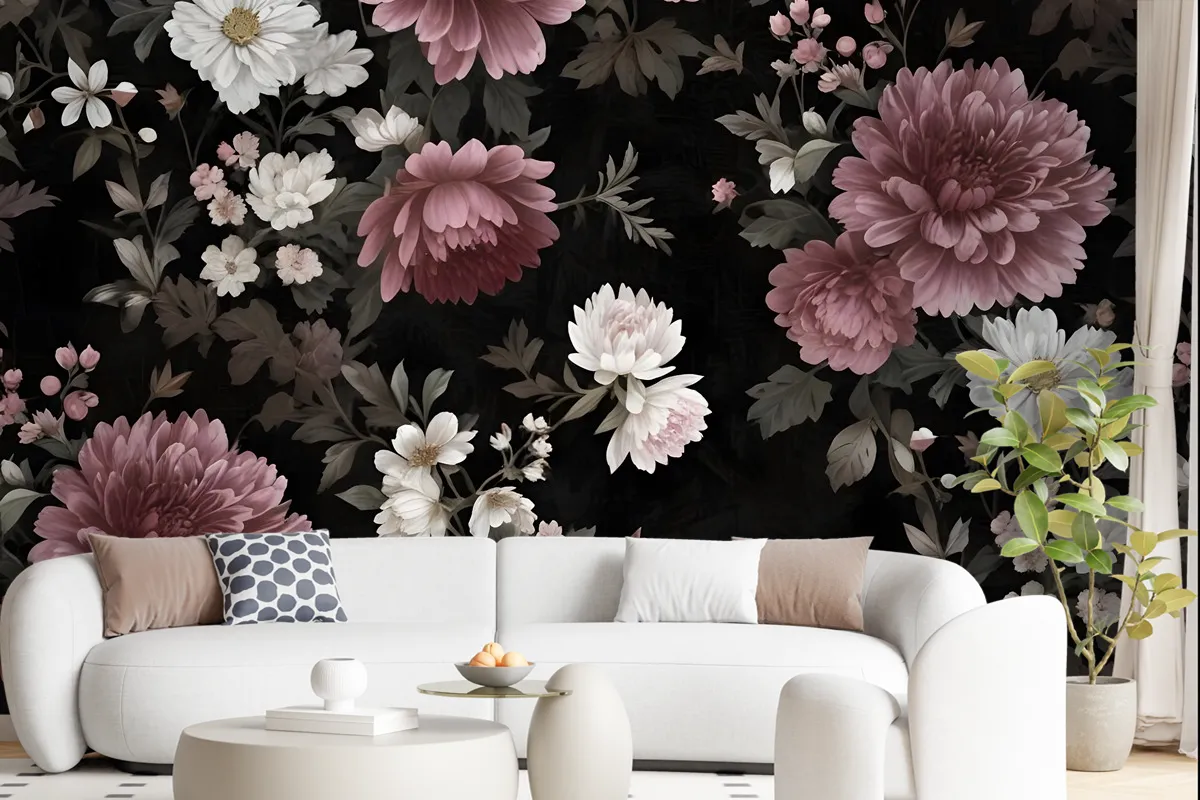 Dark Floral With Pink Chrysanthemum Wallpaper Mural