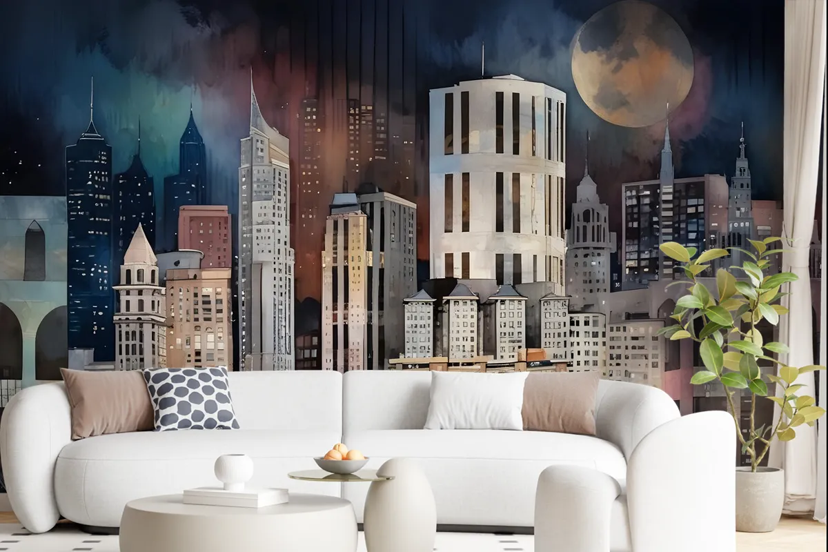 Dark Mosaic City Landscape Wallpaper Mural