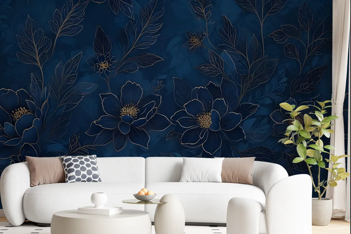 Dark Navy Peony Floral Drawing Art Wallpaper Mural