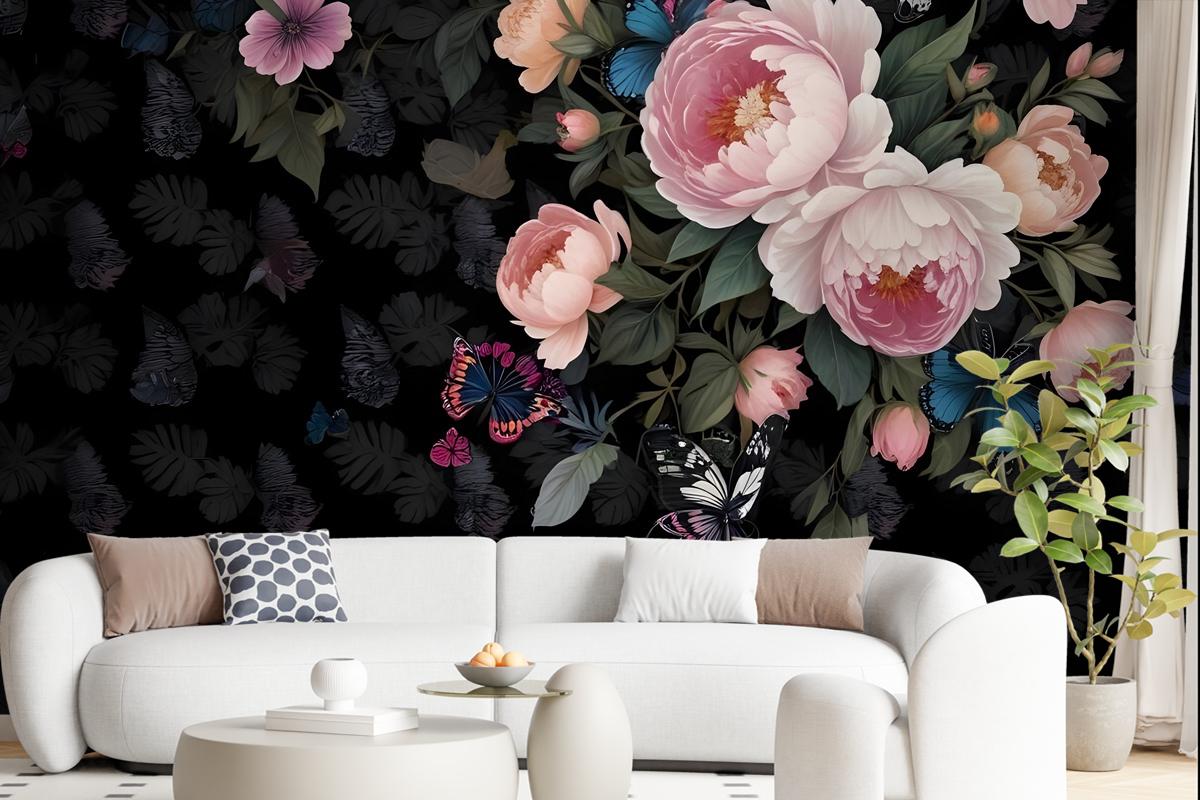 Dark Pink Flowers And Yellow Butterfly Wallpaper Mural