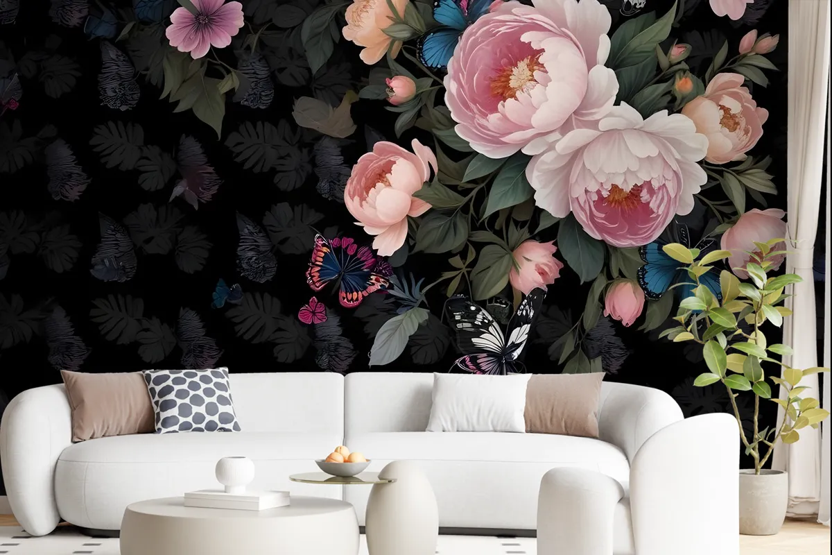 Dark Pink Flowers And Yellow Butterfly Wallpaper Mural