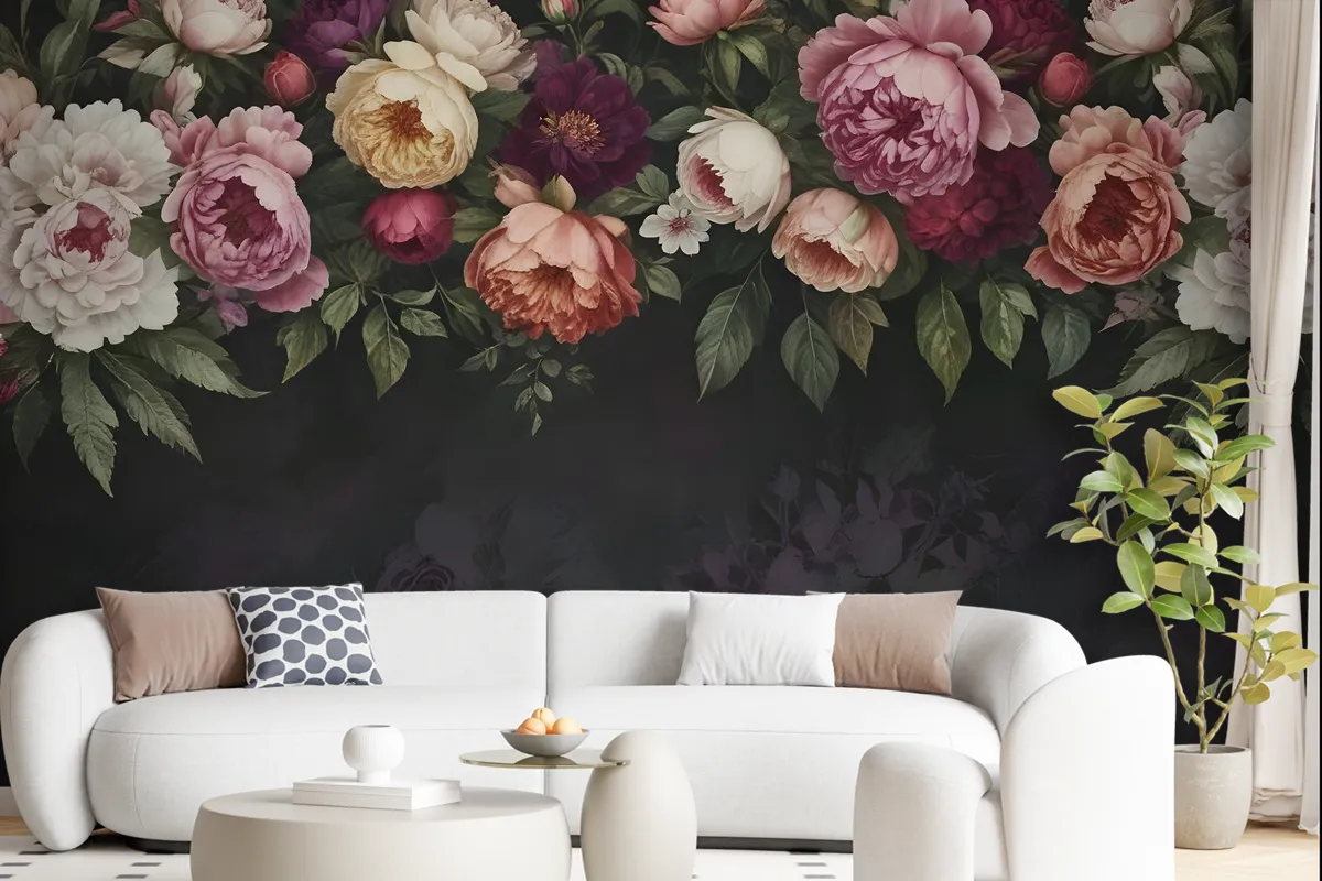 Dark Vine Floral And Peony Blossom Wallpaper Mural