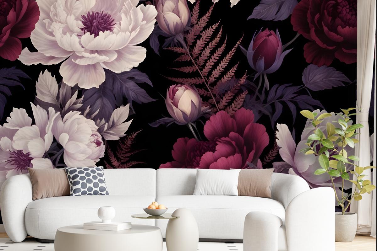 Dark Watercolor Colorful Peony Floral Wallpaper Mural