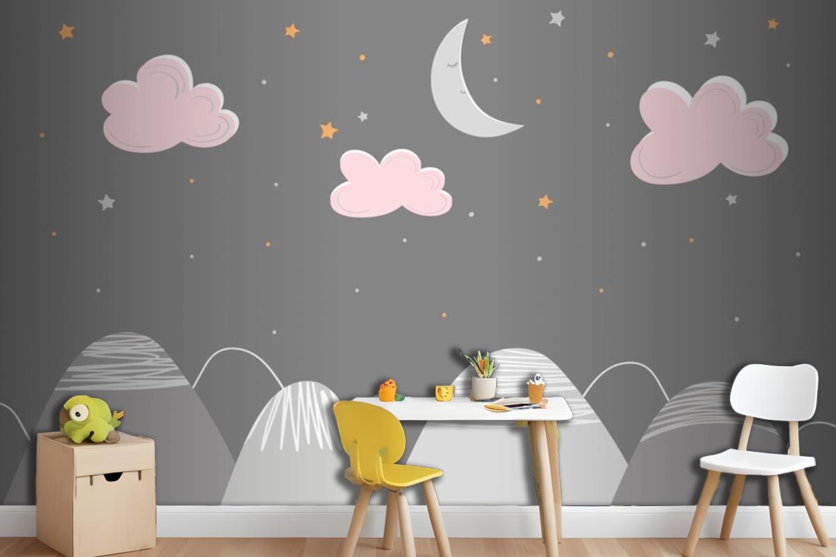 Decor In Scandinavian Style With Mountain Landscape Clouds And Sleeping Moon Wallpaper Mural