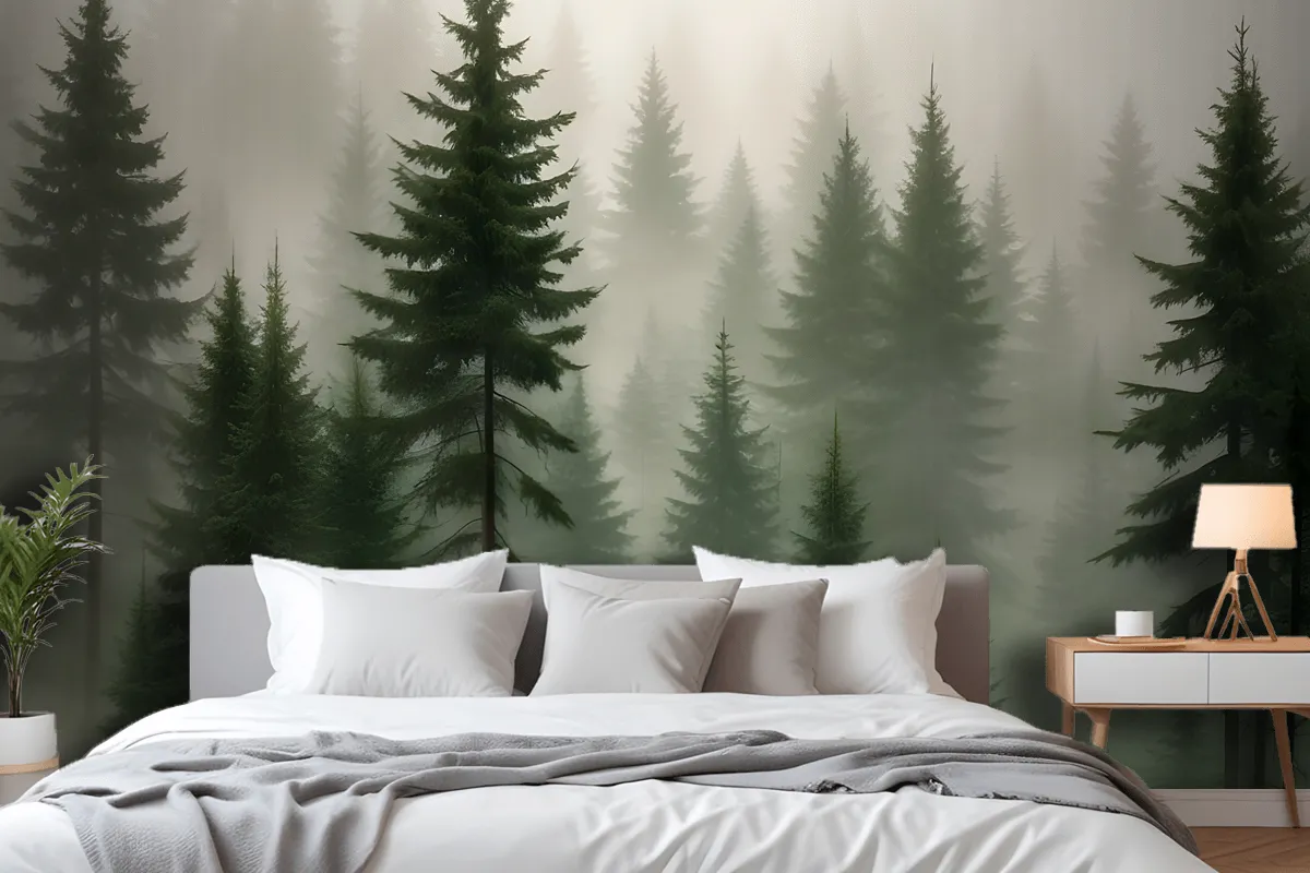 Dense Forest Of Tall Evergreen Trees In A Misty Foggy Environment Wallpaper Mural