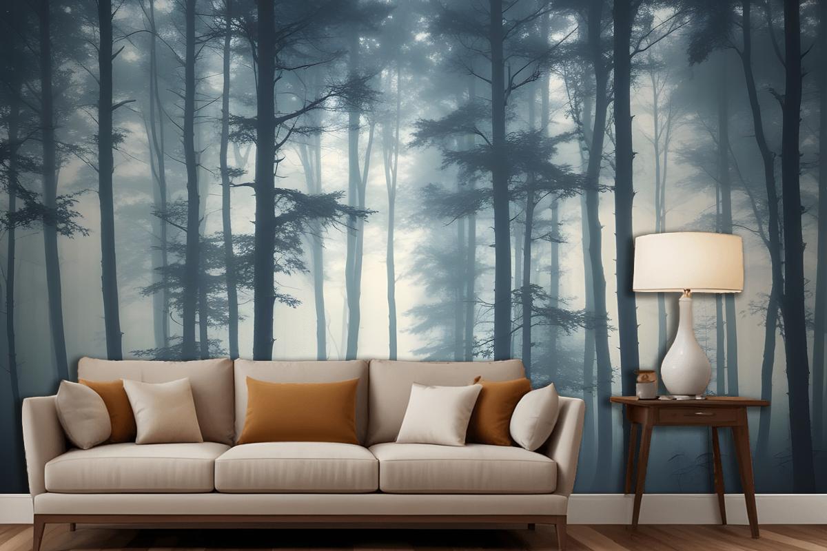 Dense Misty Forest With Tall Slender Trees And A Foggy Atmosphere Wallpaper Mural