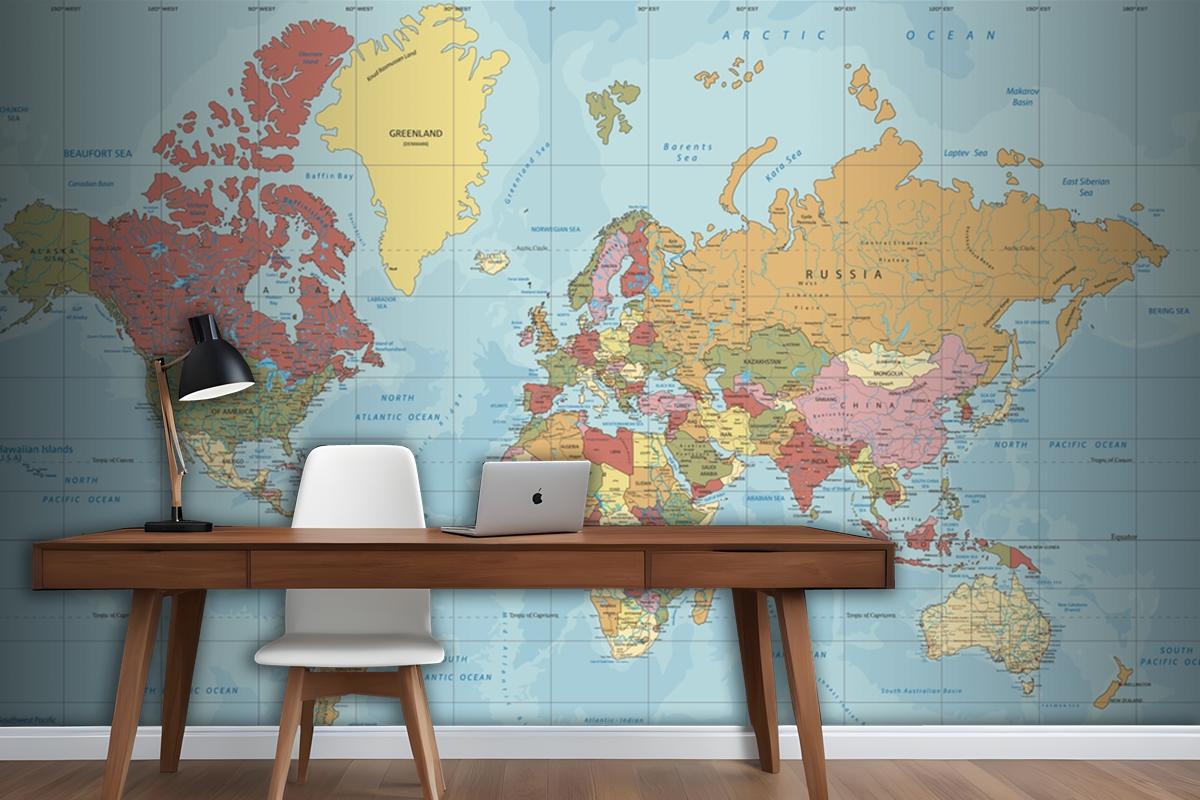 Detailed Political World Map In Mercator Projection Wallpaper Mural