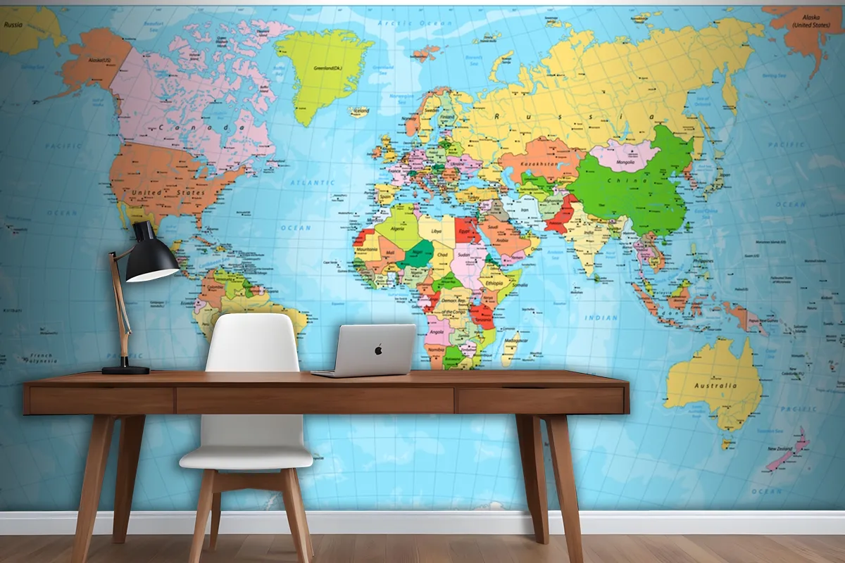 Detailed Political World Map With Capitals Wallpaper Mural