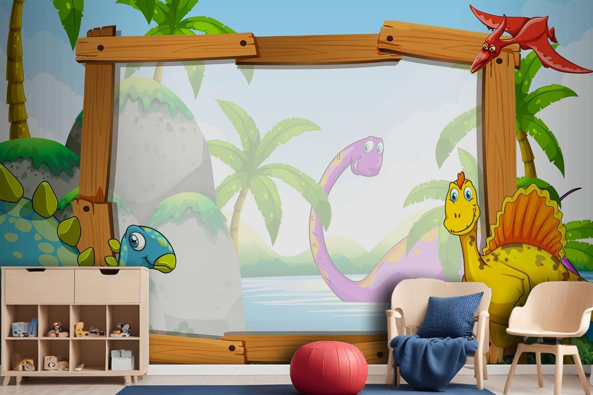 Dinosaurs By The Wooden Frame Wallpaper Mural