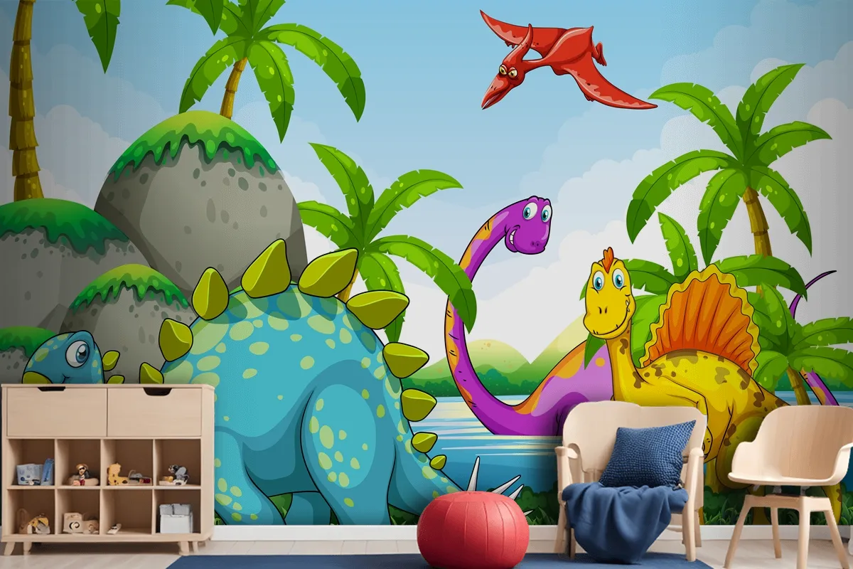 Dinosaurs Living In The Jungle Wallpaper Mural