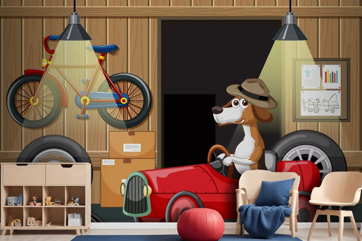 Dog Driving Car In Garage Wallpaper Mural