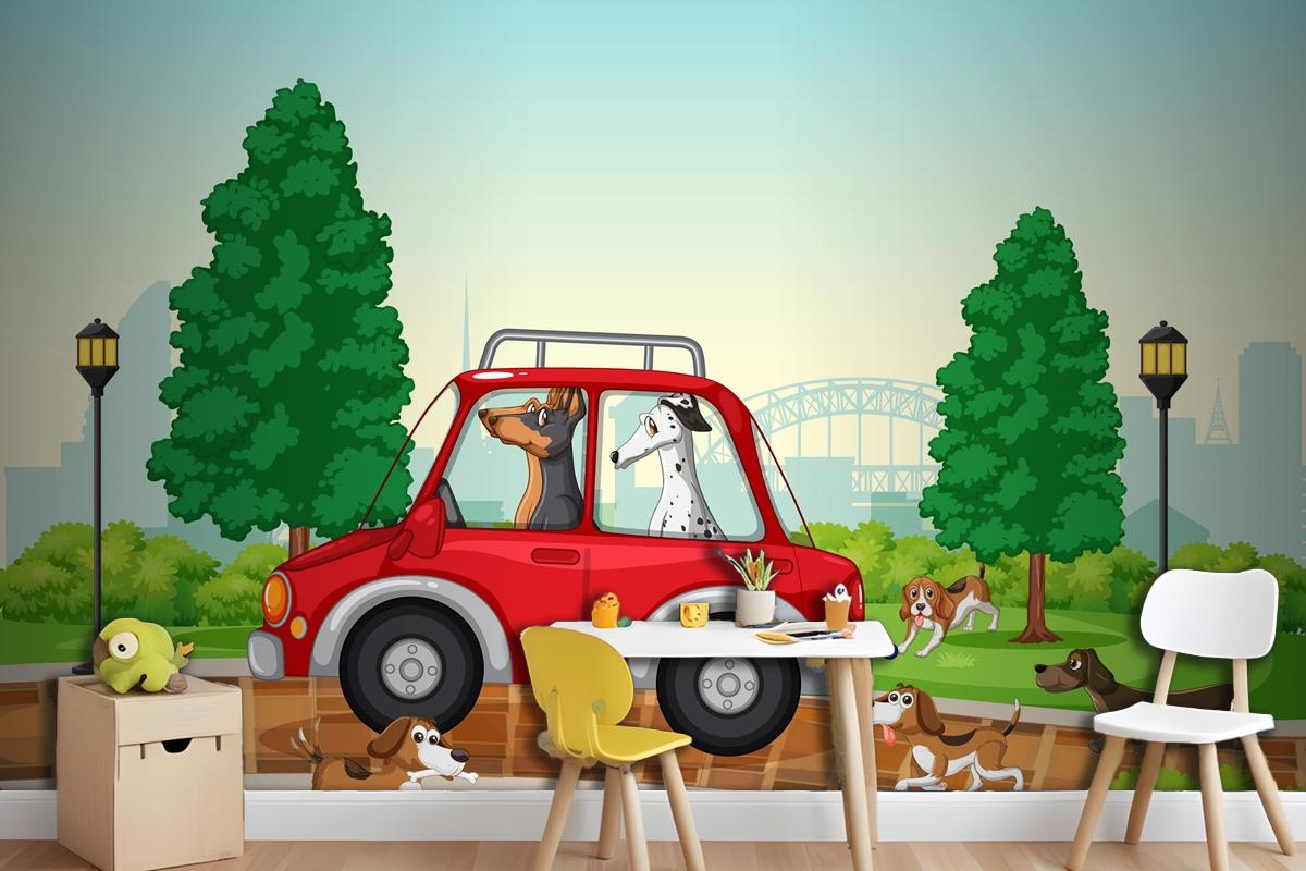 Dogs Driving And Running In The Park Wallpaper Mural