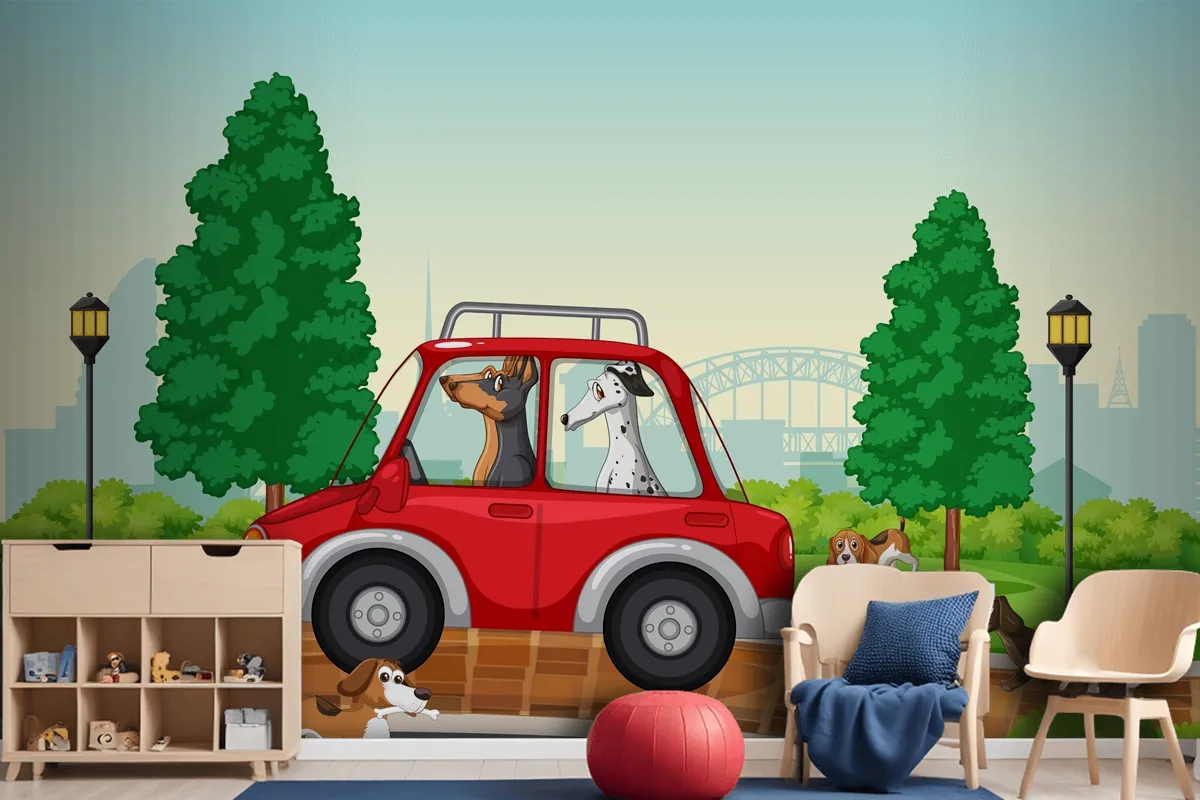 Dogs Driving And Running In The Park Wallpaper Mural