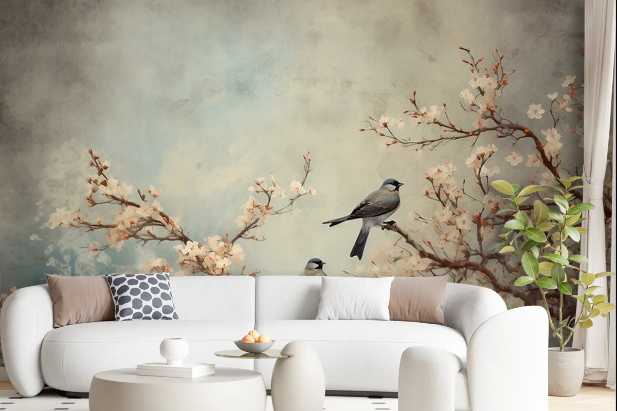 Flowers Branches Birds Golden Brushstrokes Wallpaper Mural