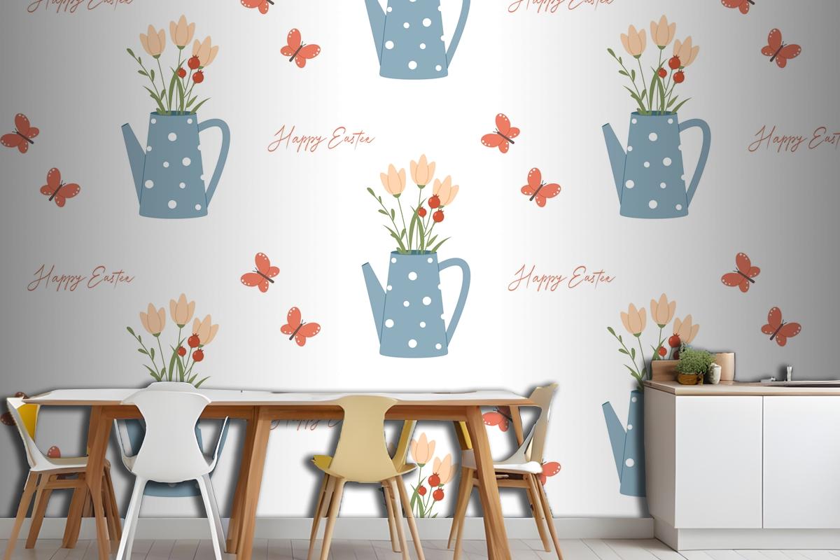 Easter Seamless Pattern Watering Can Butterfly And Lettering Wallpaper Mural