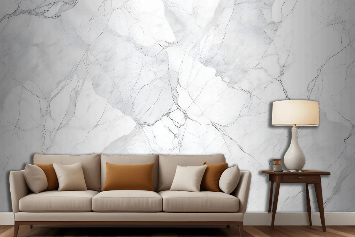 Elegant White Marble Texture With Intricate Gray Veining Wallpaper Mural