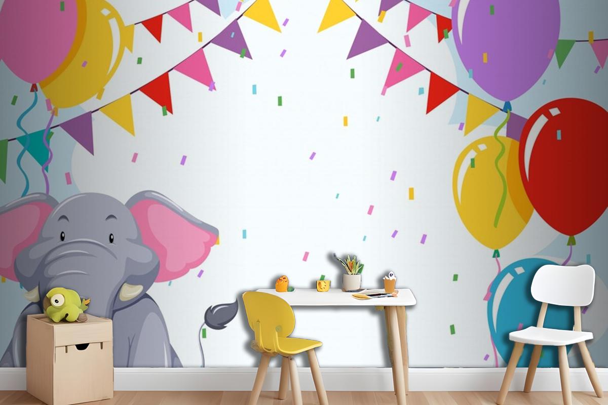 Elepehant On Birthday Template Wallpaper Mural