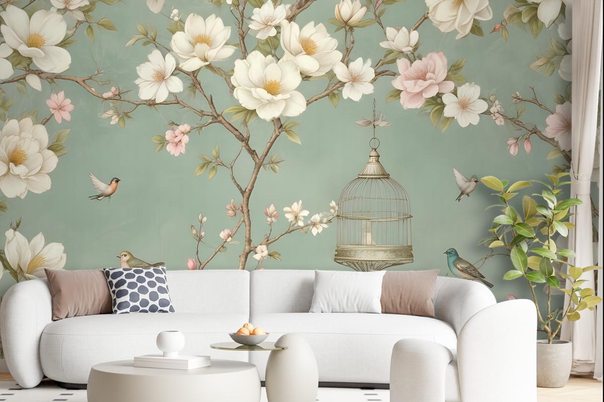 English Country Style With Branches And Flowers And Birds Wallpaper Mural