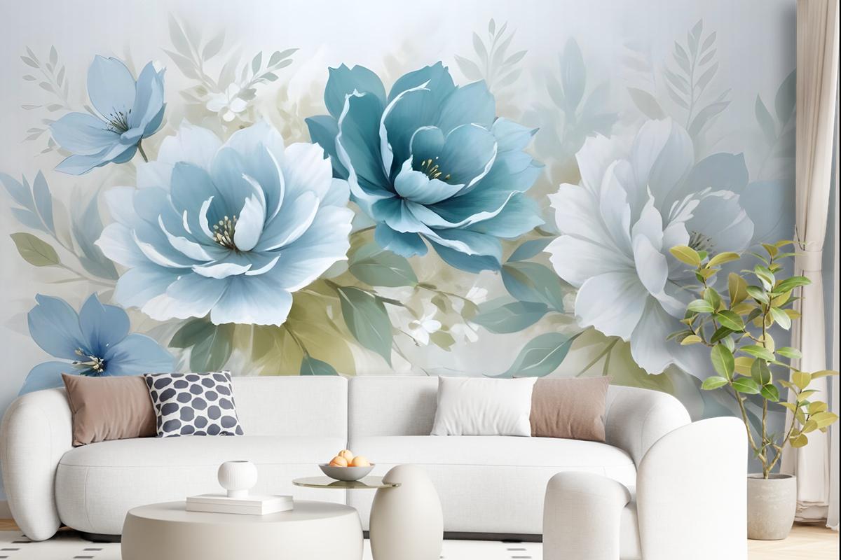 European Style 3D Look Blue Green Floral Wallpaper Mural