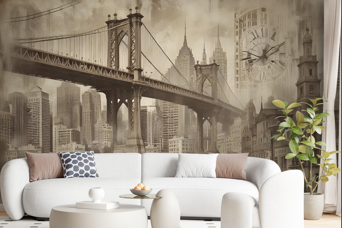 European Vintage City With Brooklyn Bridge Wallpaper Mural