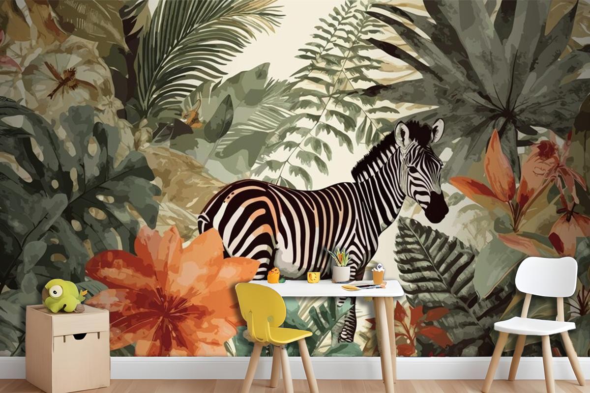 Exotic Zebra Tales Artistic Vintage Jungle Collage Pattern Seamless Wallpaper Mural