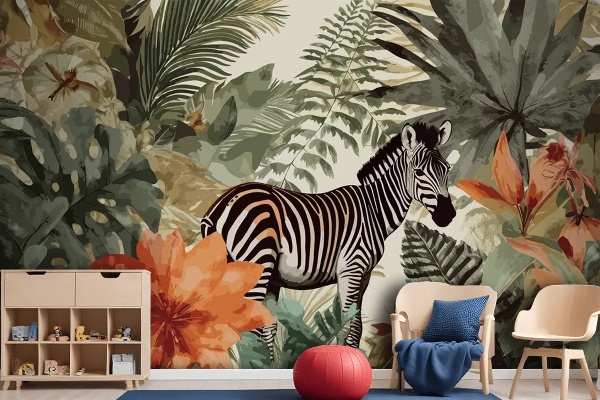 Exotic Zebra Tales Artistic Vintage Jungle Collage Pattern Seamless Wallpaper Mural