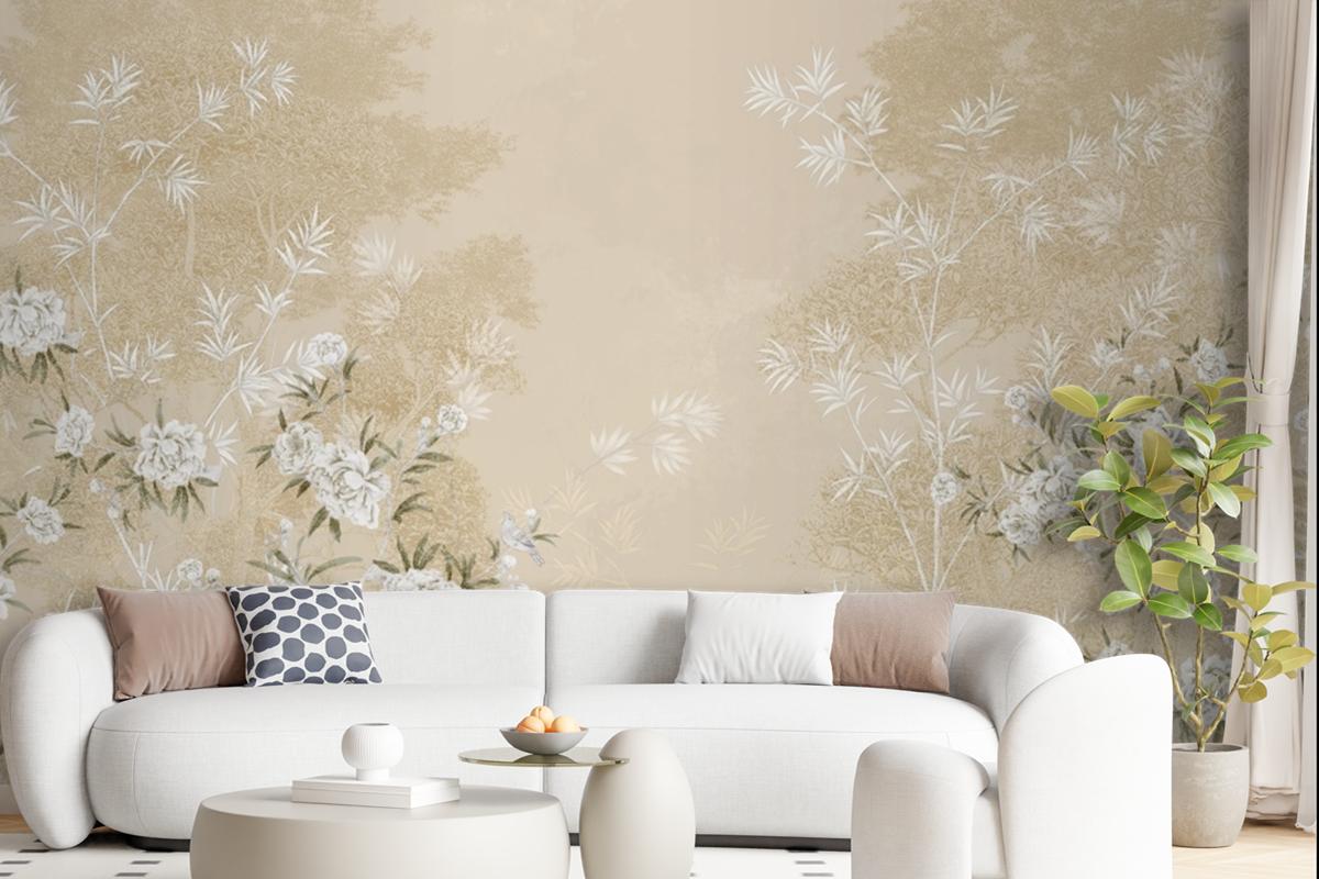 Chinoiserie With Cherry Blossom Flowers And Bird Wallpaper Mural