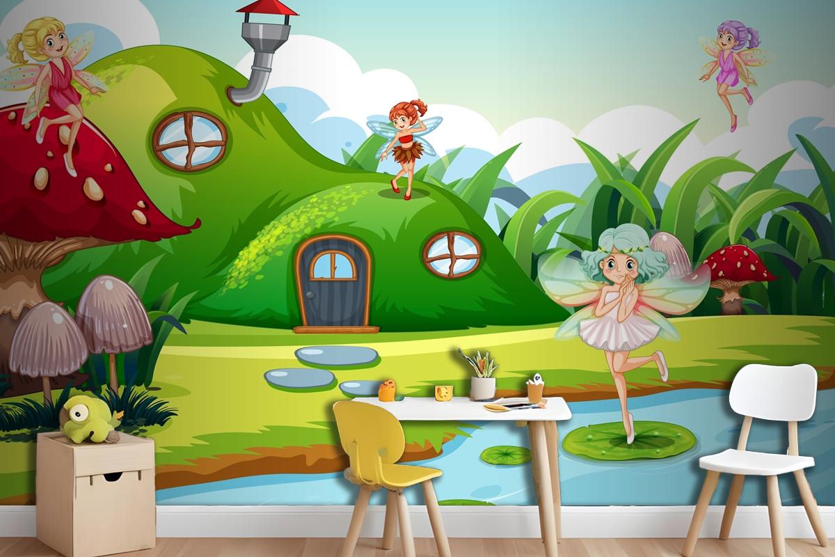 Fantasy Fairys In Green Scene Wallpaper Mural