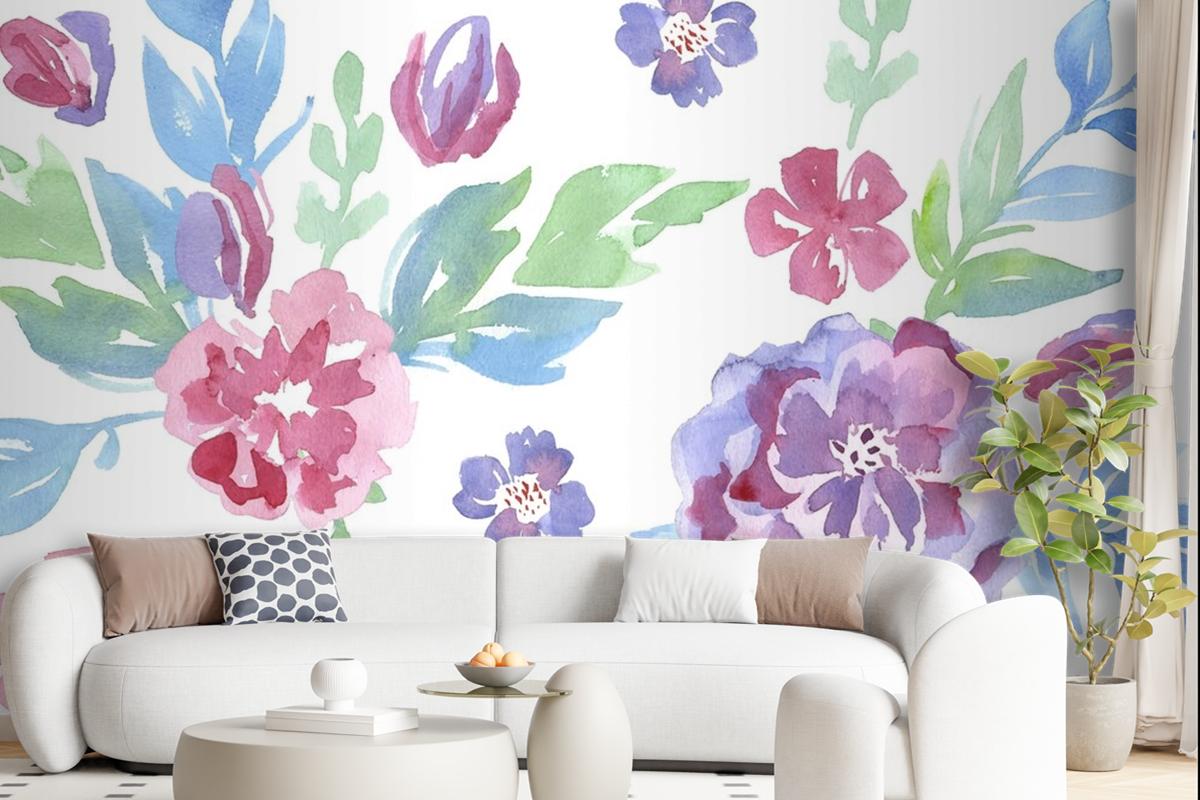 Fashionable Pattern In Watercolor Flowers Wallpaper Mural