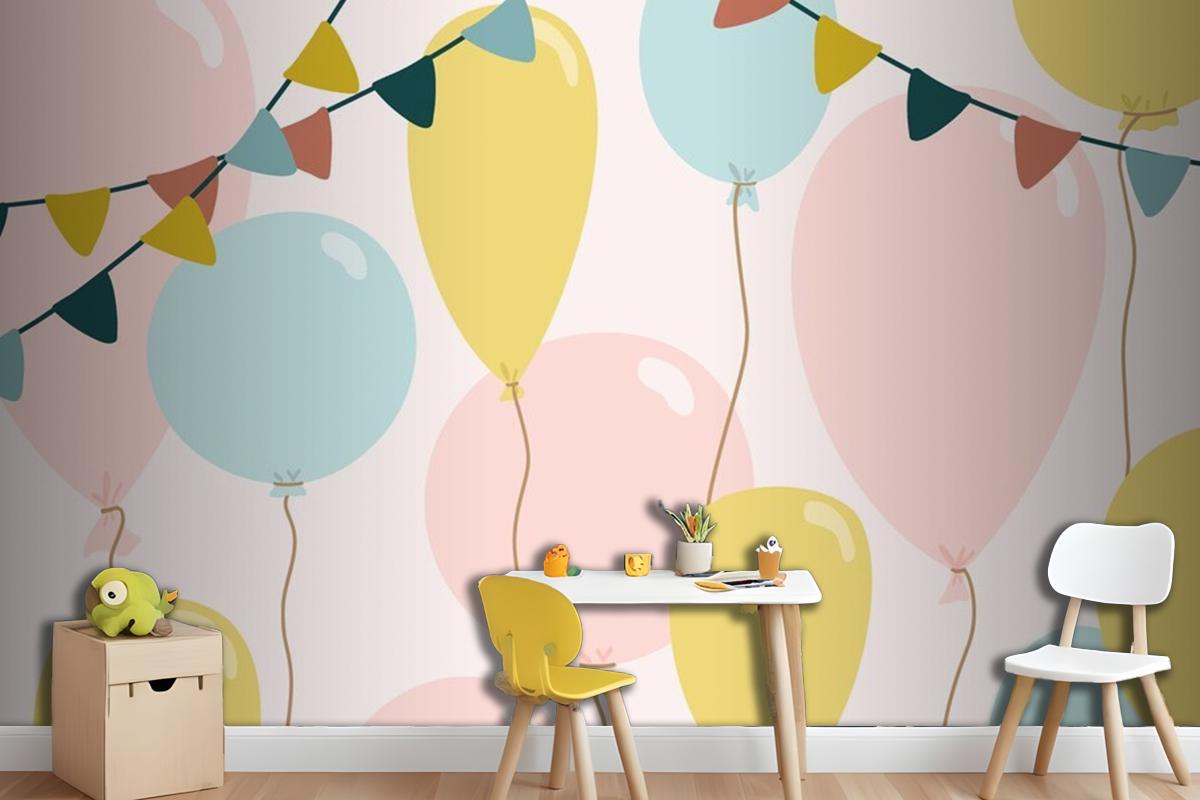 Festive Background With Blue Pink And Yellow Balloons Wallpaper Mural