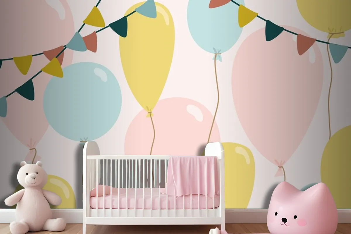 Festive Background With Blue Pink And Yellow Balloons Wallpaper Mural