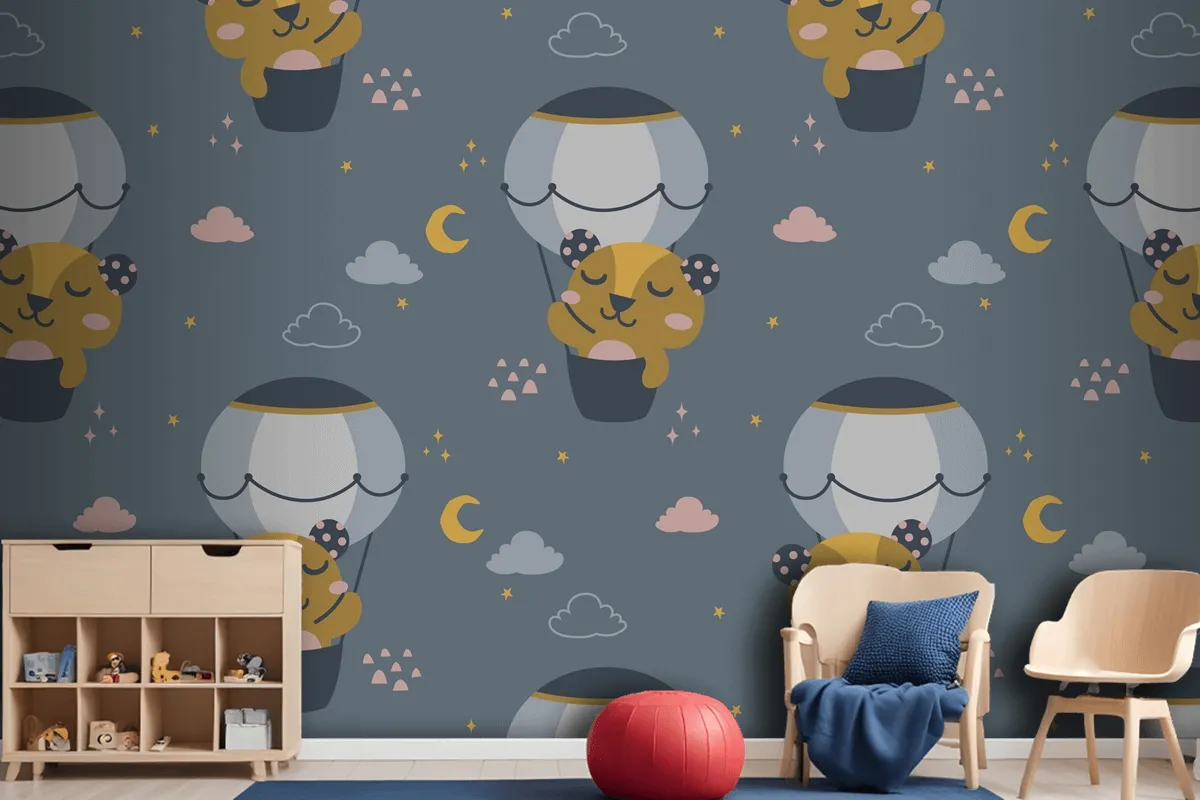 Fliying Cute Bear Scandinavian Pattern Wallpaper Mural