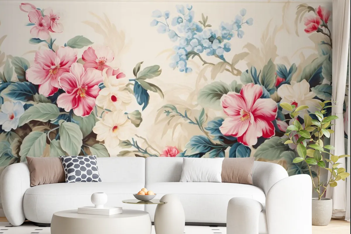 A Floral With Tropical Flowers And Leaves Wallpaper Mural