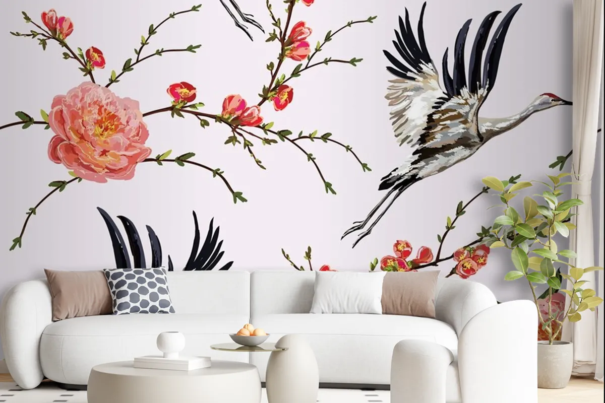 Flowers And Plants Flowers And Birds Seamless Print Pattern Wallpaper Mural